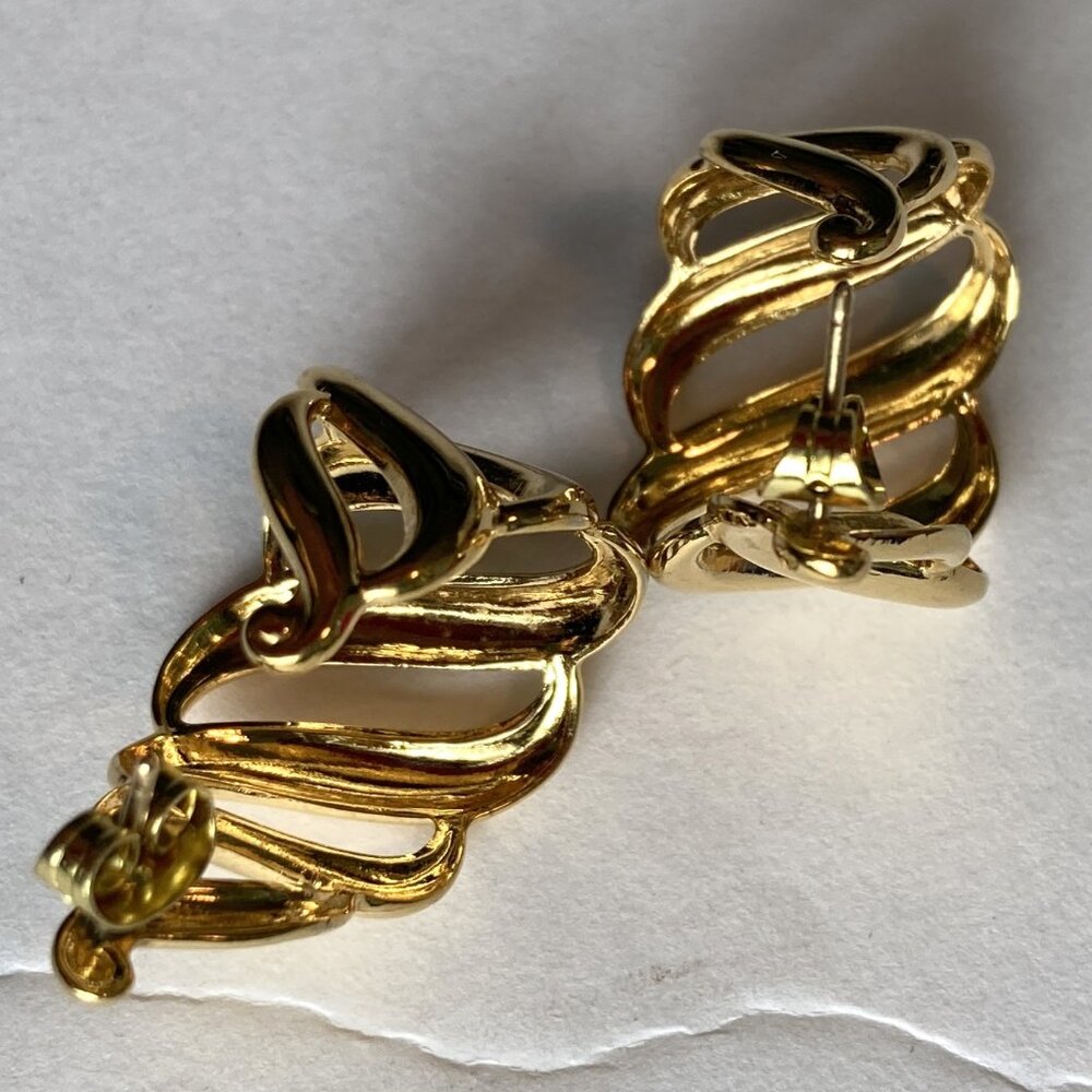 Curvy Wide Open Golden Hoop Earrings - Vintage Mid Century